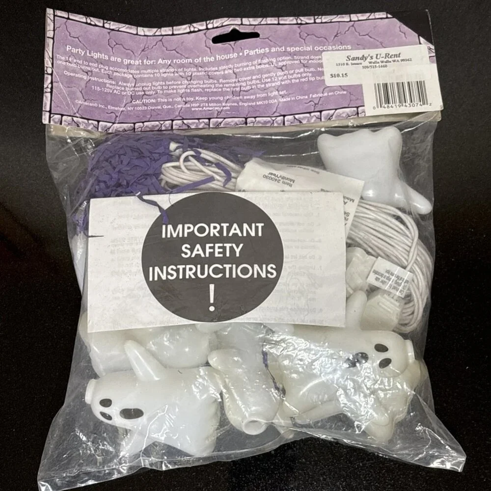 Vtg Halloween Ghost String Lights Plastic Blow Mold 10 Spooky Blinking In/Out